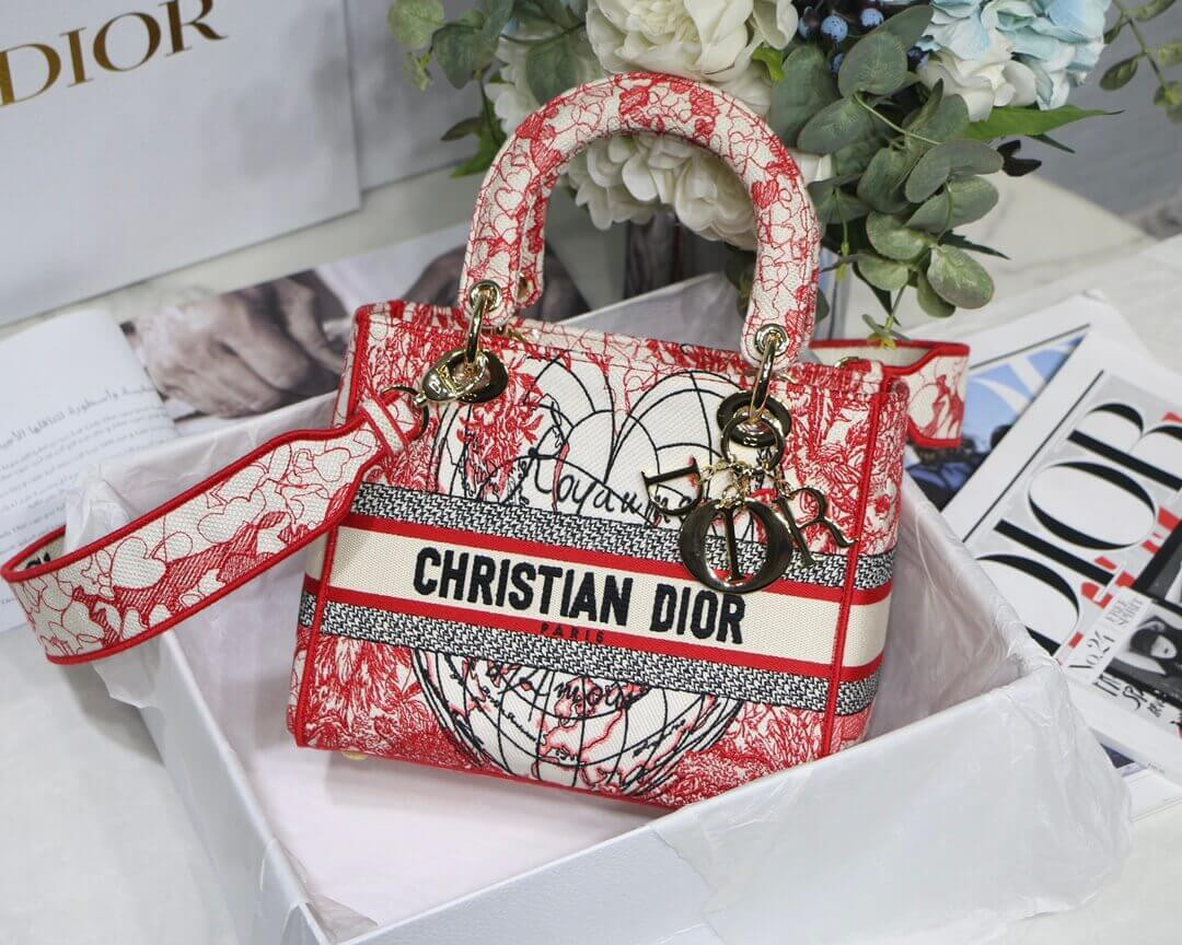 Christian Dior Medium Lady D-Lite Bag Red and White D-Royaume d'Amour Embroidery M0565