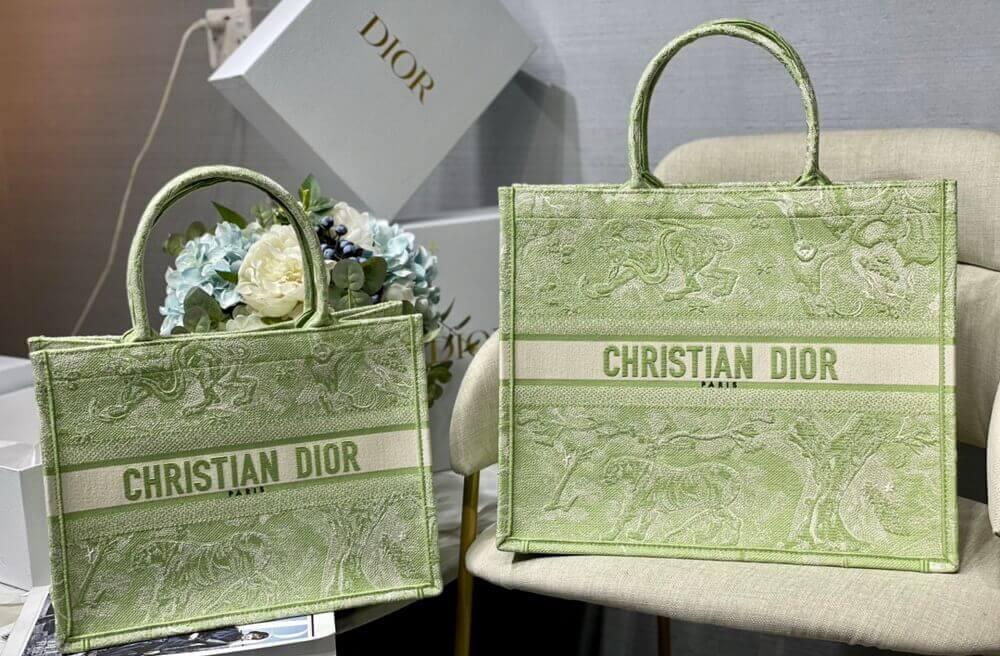 Dior Book Tote Lime Toile de Jouy Reverse Embroidery M1286