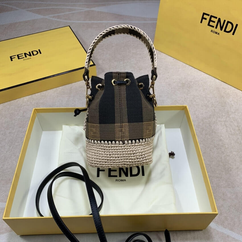 Fendi Brown Mon Tresor Mini Canvas & Raffia Bucket Bag 2028
