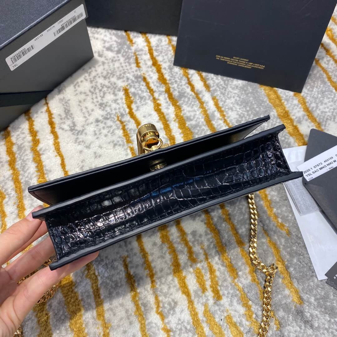 YSL Saint Laurent Kate Chain Wallet With Tassel In Crocodile Embossed Leather 452159