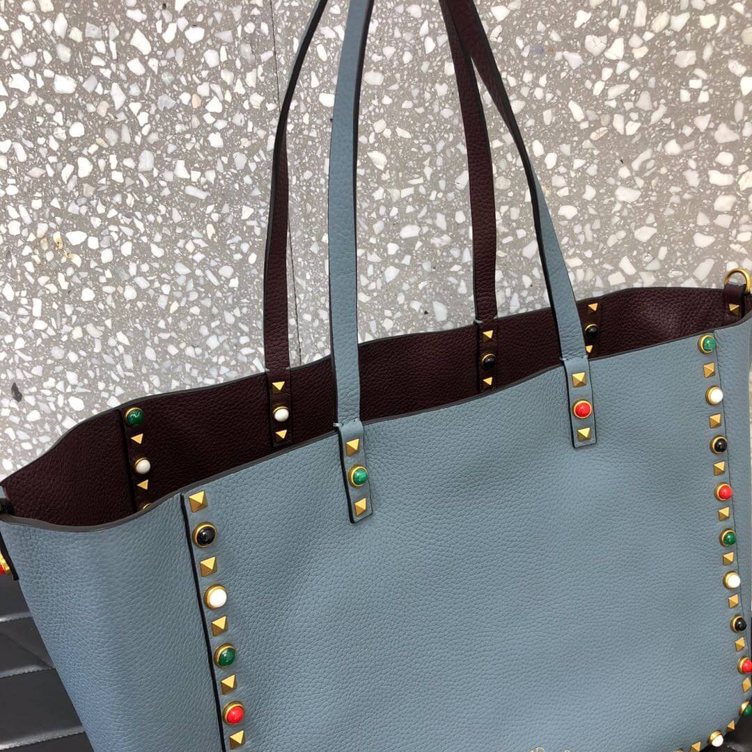 Valentino Garavani Medium Double Rockstud Reversible Tote Bag 0067G Blue/Burgundy