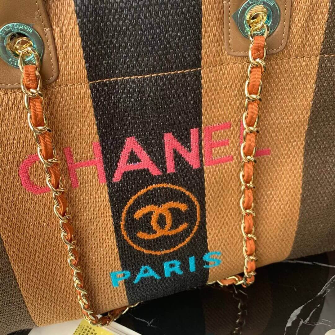 Chanel Straw Raffia Calfskin Striped Large Deauville Tote A93786