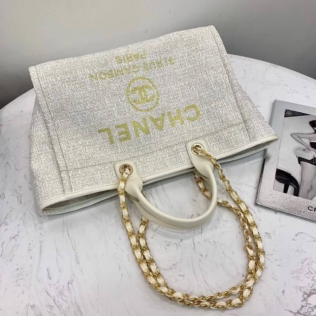 Chanel Deauville Tote 38cm Canvas Bag A66941 White/Gold