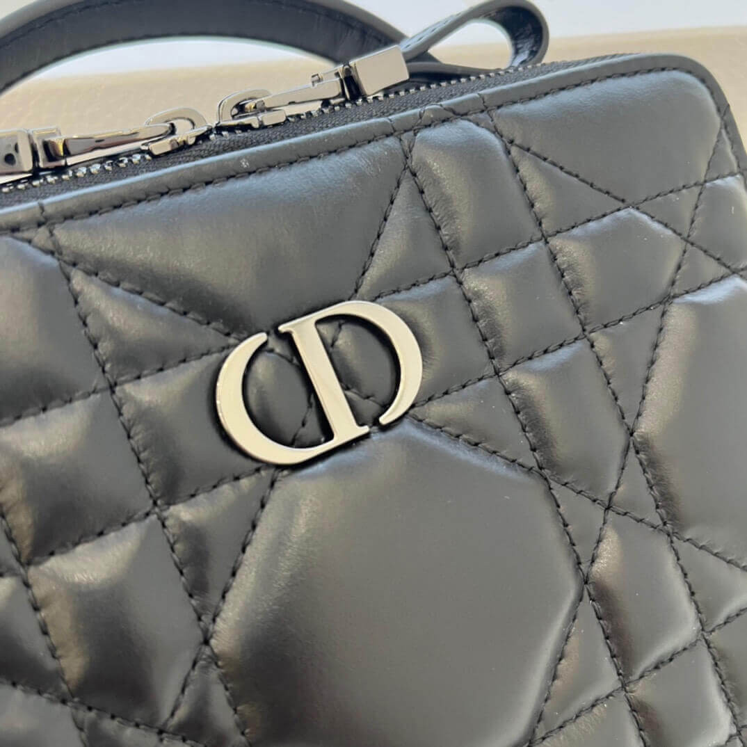 Christian Dior Caro Box Bag With Chain Black Quilted Macrocannage Calfskin S5140
