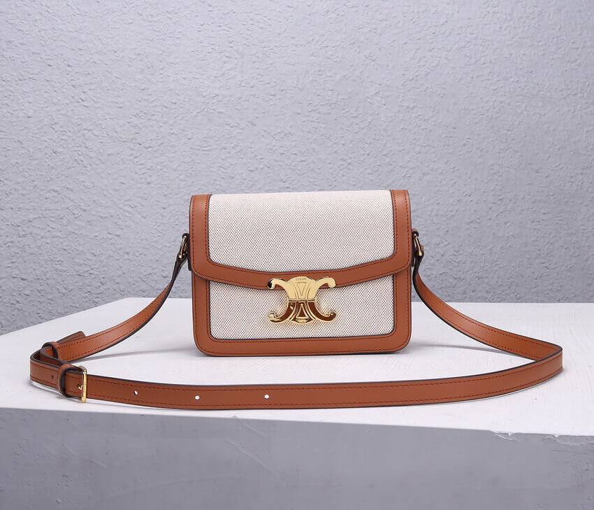 Celine Teen Triomphe Bag in Textile and Natural Calfskin 188882 Tan/White