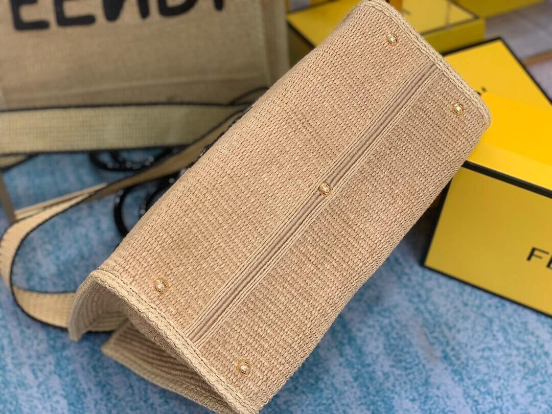 Fendi Sunshine Medium Shopper Woven Raffia Tote 8BH386 Beige