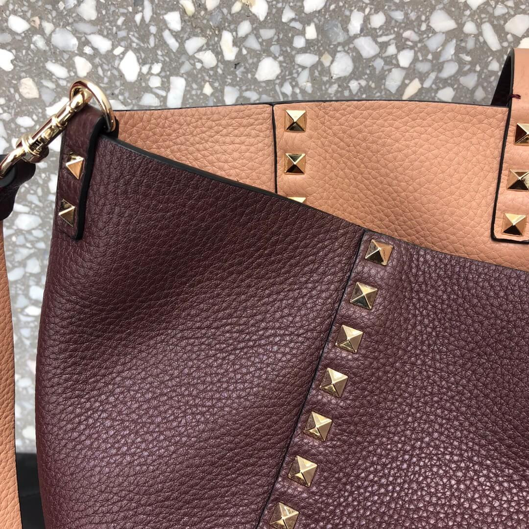 Valentino Garavani Medium Double Rockstud Reversible Tote Bag 0067J Apricot/Burgundy