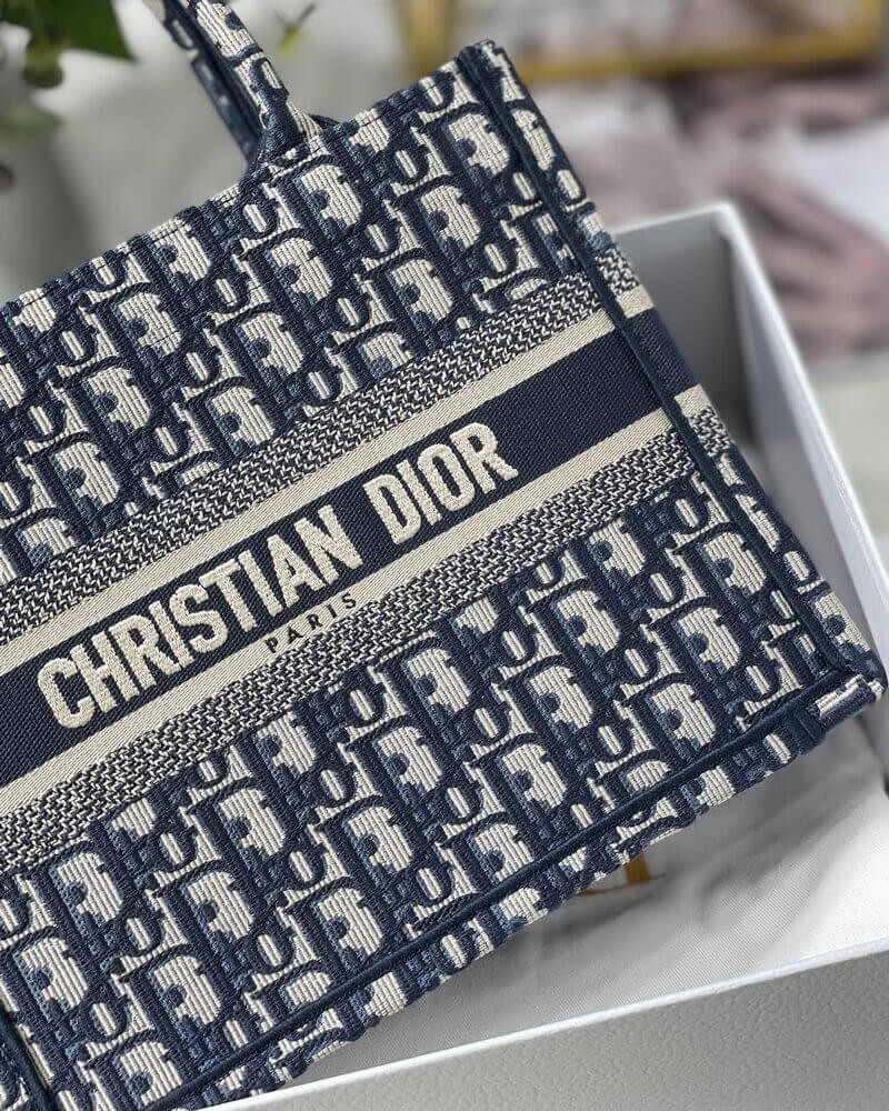 Christian Dior Small Book Tote Bag 26cm Oblique Embroidery Blue