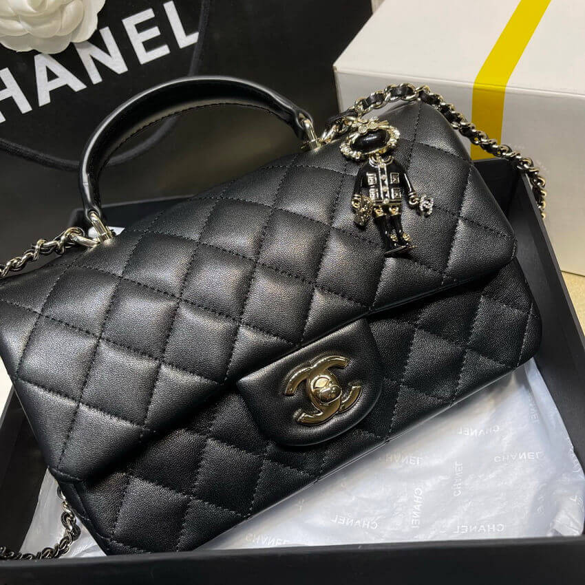 Chanel Lambskin Mini Flap Bag With Top Handle Black AS2431 with Charms