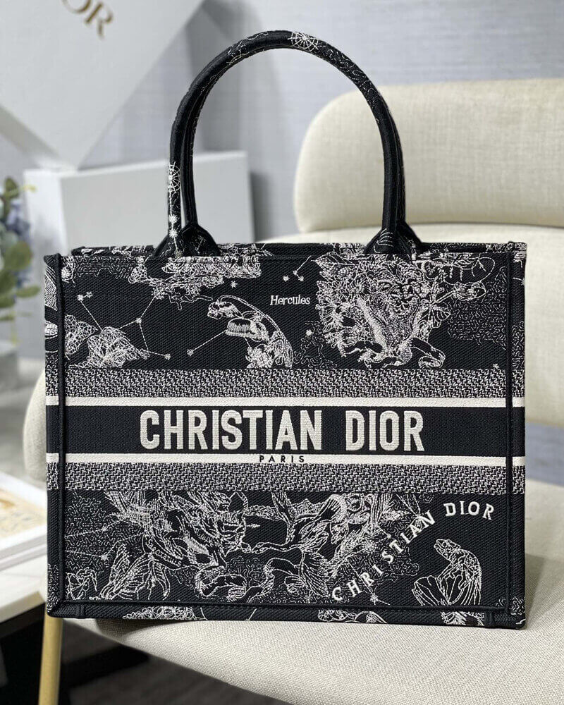 Christian Dior Medium Book Tote Black Toile de Jouy Zodiac Embroidery M1296