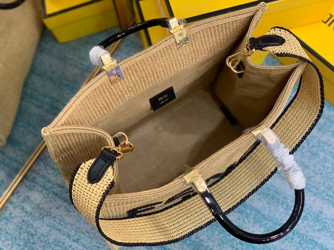 Fendi Sunshine Medium Shopper Woven Raffia Tote 8BH386 Beige