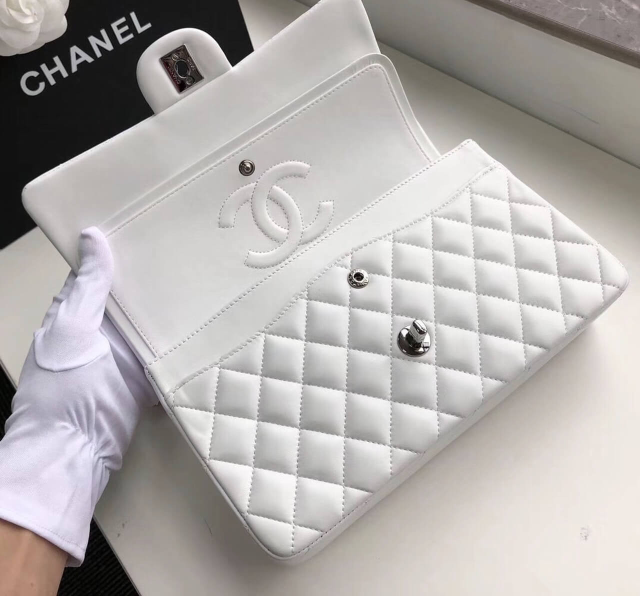 Chanel 1112 White Medium Size 2.55 Lambskin Leather Flap Bag