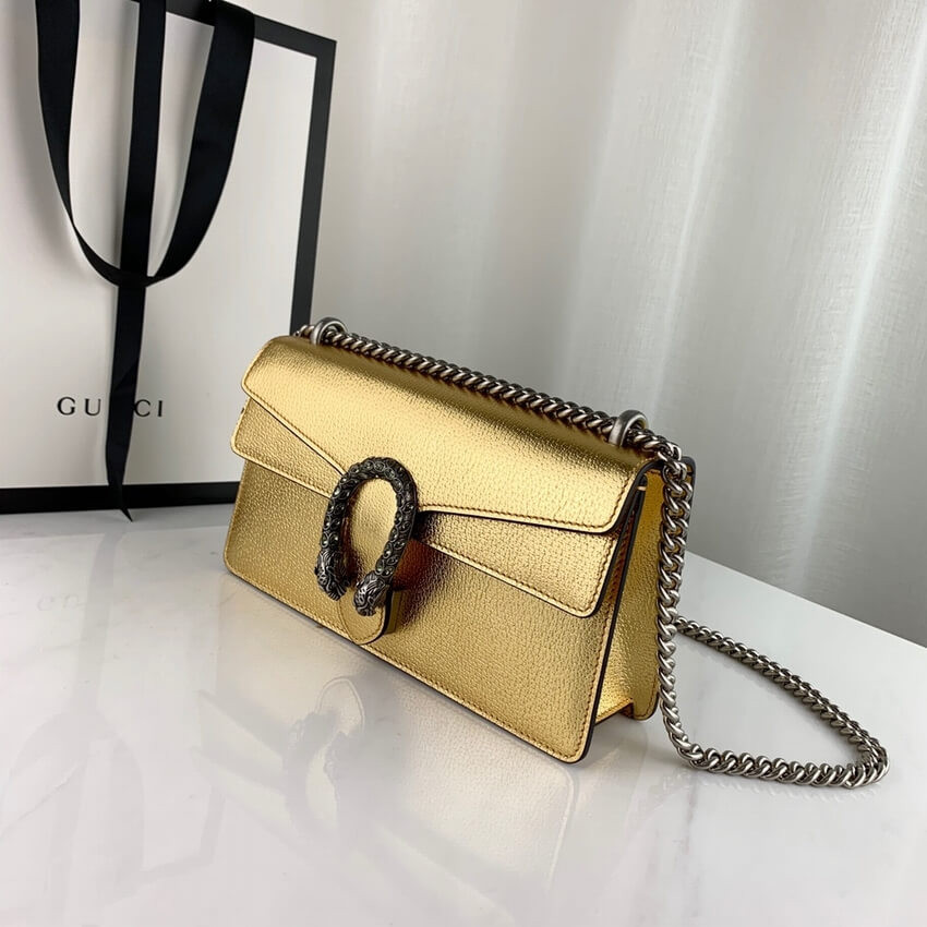 Gucci Dionysus Small Shoulder Bag in Gold Lame Leather 499623