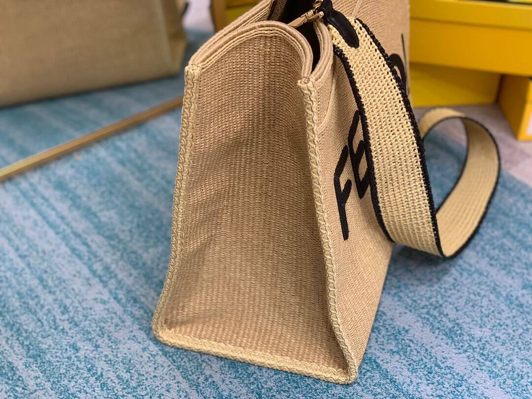 Fendi Sunshine Large Shopper Woven Raffia Tote 8BH372 Beige