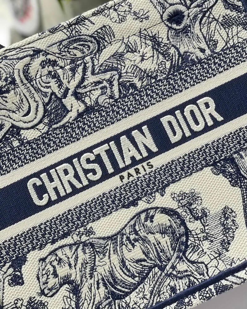 Christian Dior Small Book Tote Bag 26cm Toile De Jouy Reverse Embroidery Blue