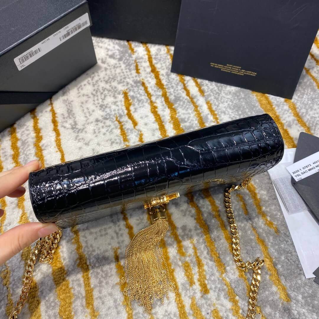 YSL Saint Laurent Kate Chain Wallet With Tassel In Crocodile Embossed Leather 452159