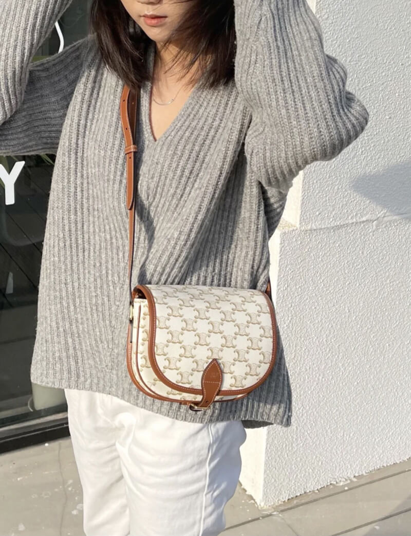 Celine Medium Folco Bag In Triomphe Canvas 191502 White