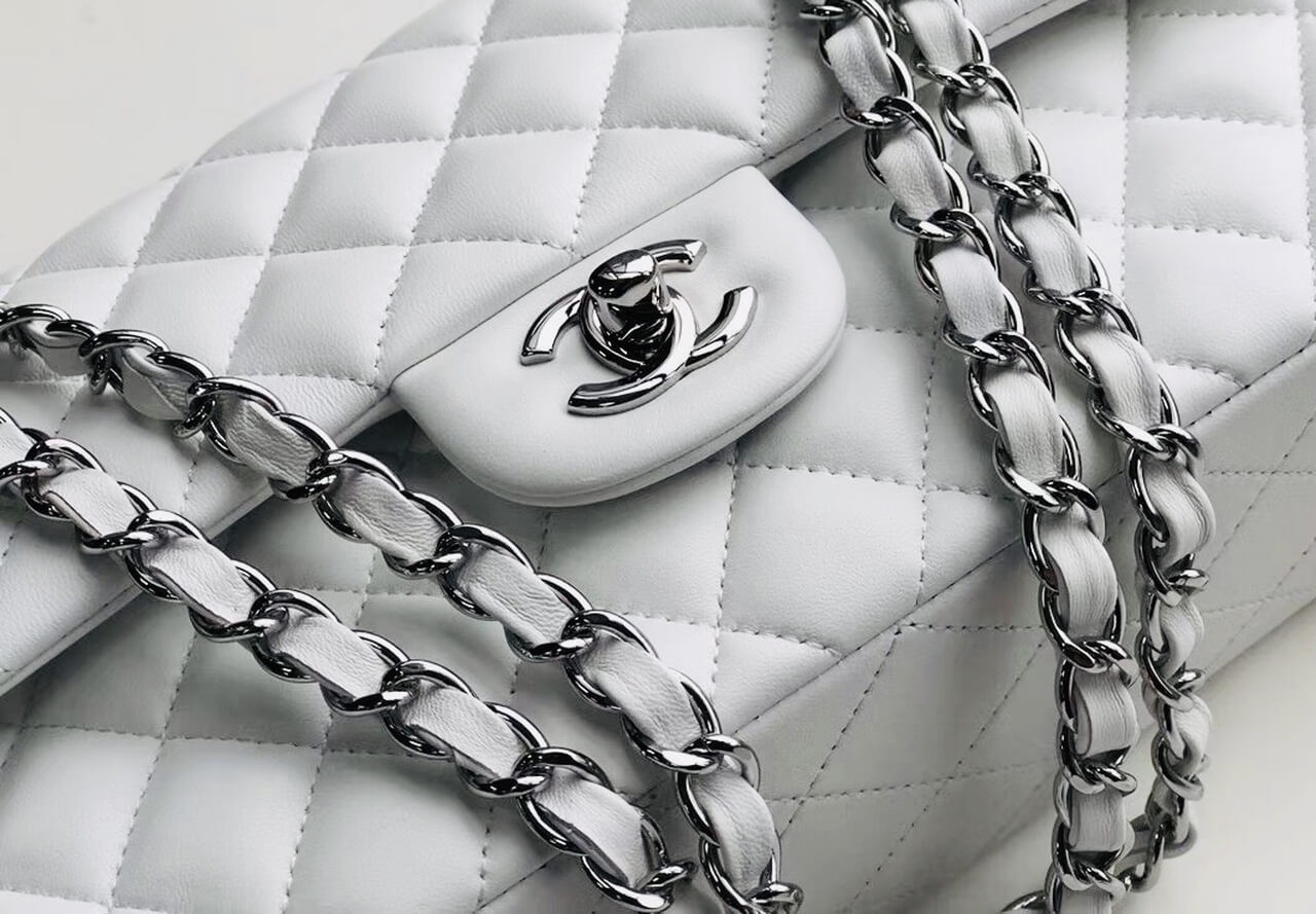 Chanel 1112 White Medium Size 2.55 Lambskin Leather Flap Bag