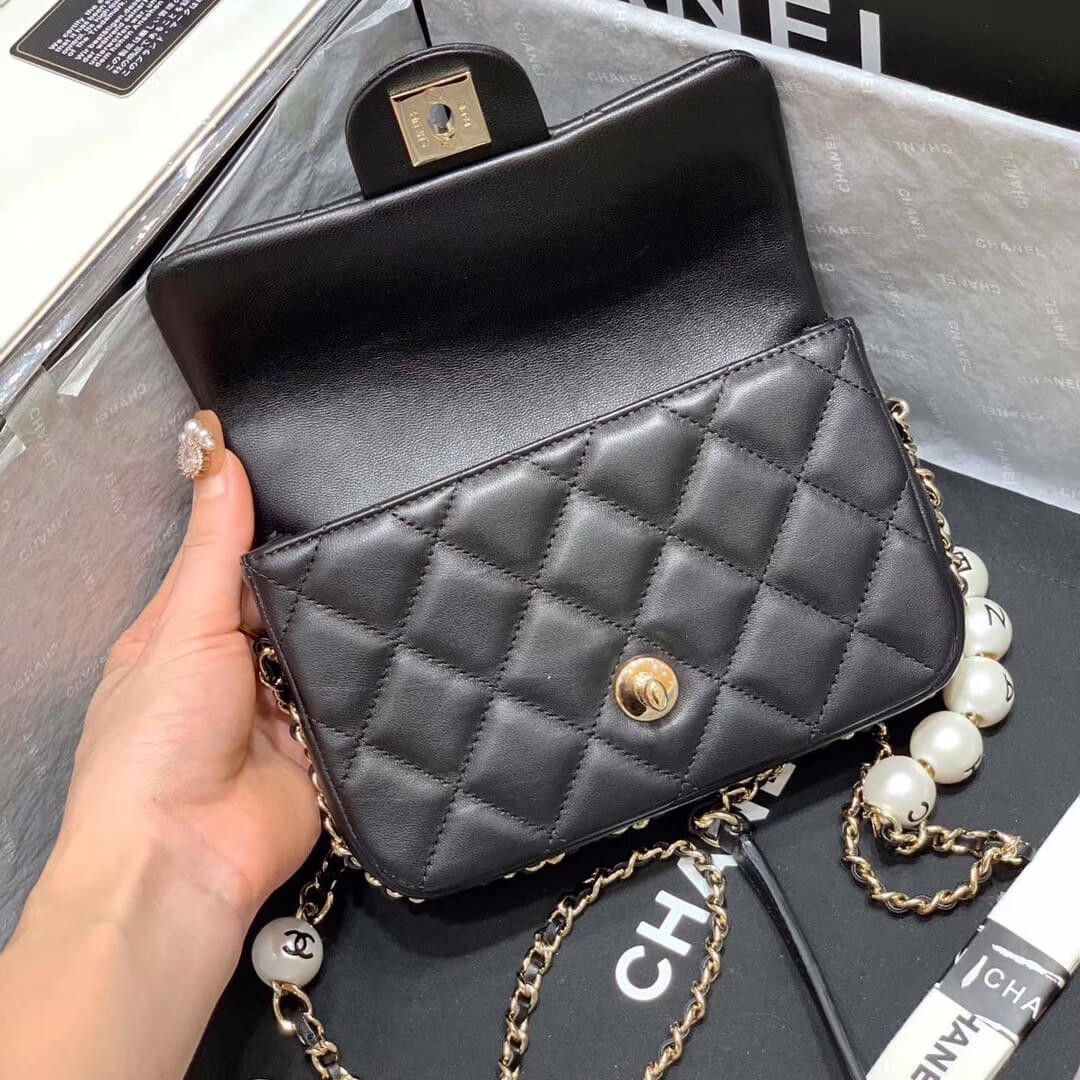Chanel Small Pearl Logo Strap Flap Bag AS1436 Black