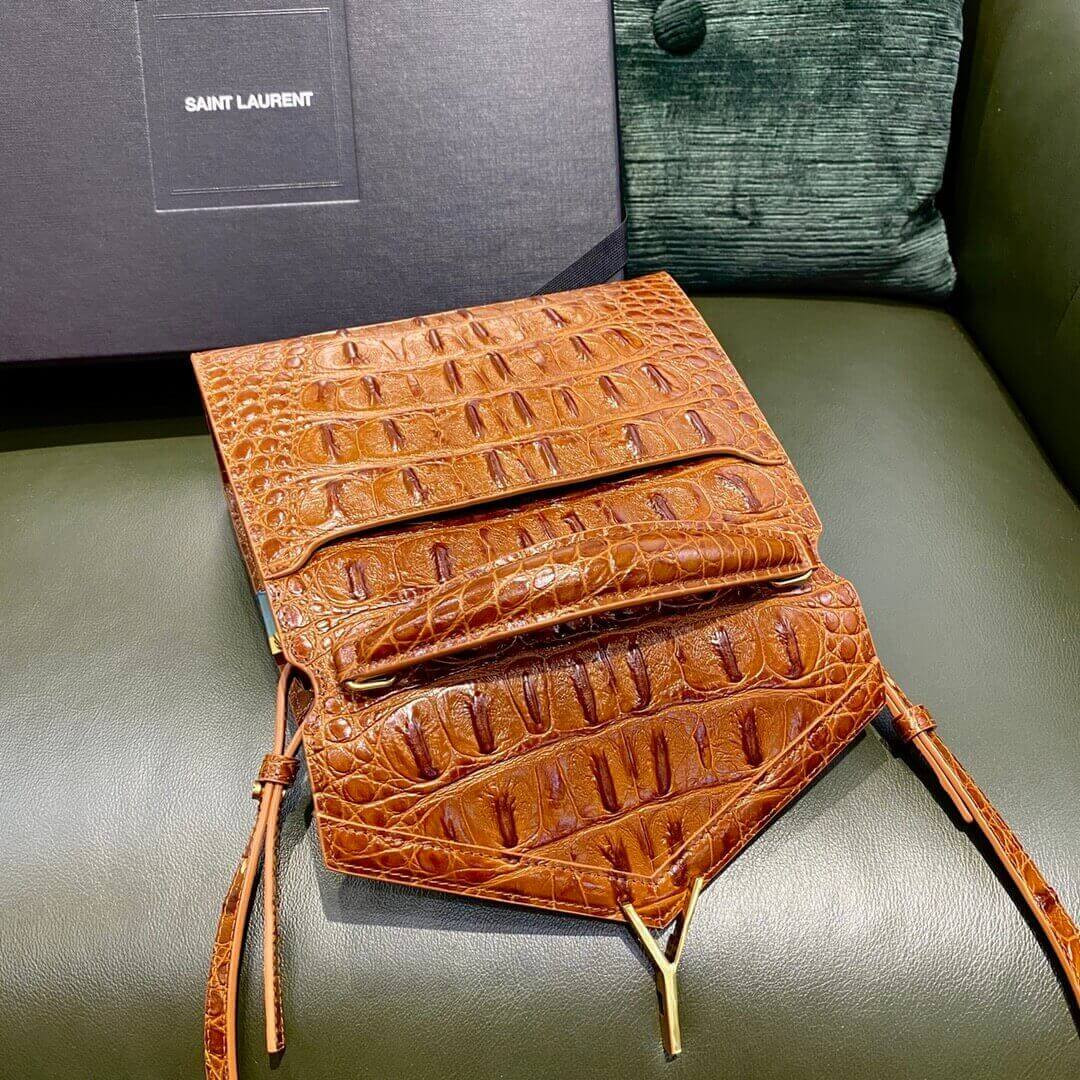 YSL Saint Laurent Cassandra Mini Top Handle Bag In Caiman Embossed Leather 602716 Brown
