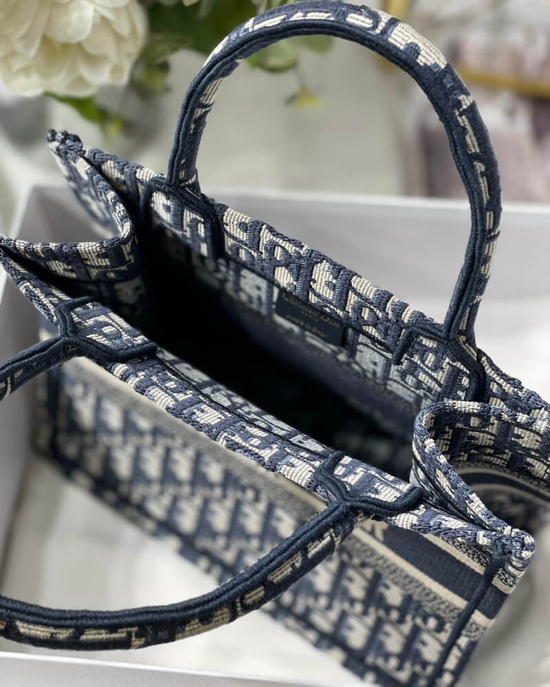 Christian Dior Small Book Tote Bag 26cm Oblique Embroidery Blue