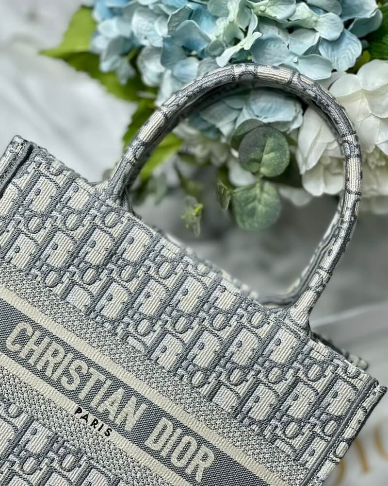 Christian Dior Small Book Tote Bag 26cm Oblique Embroidery Gray
