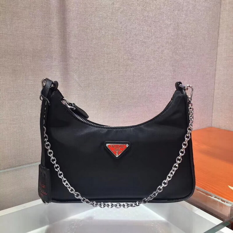 Prada Re-Edition Nylon Multi-Pochette Bag 1BH204 Black with Red Logo