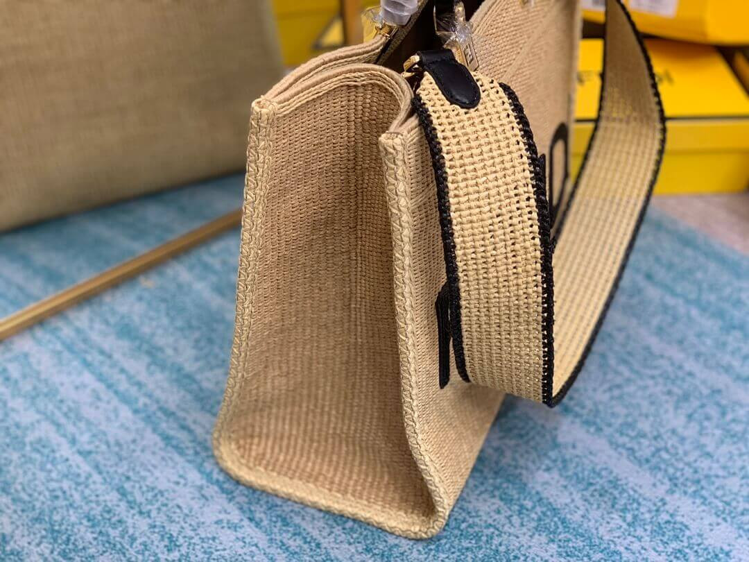 Fendi Sunshine Medium Shopper Woven Raffia Tote 8BH386 Beige
