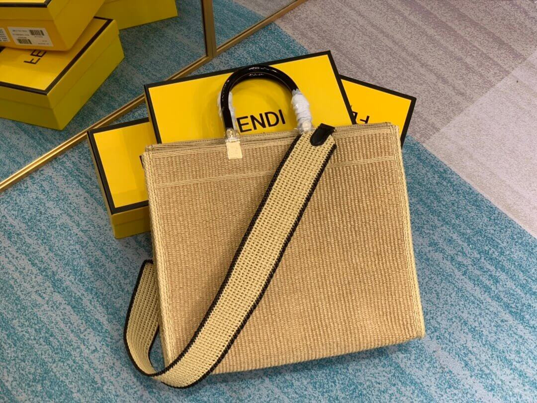 Fendi Sunshine Medium Shopper Woven Raffia Tote 8BH386 Beige