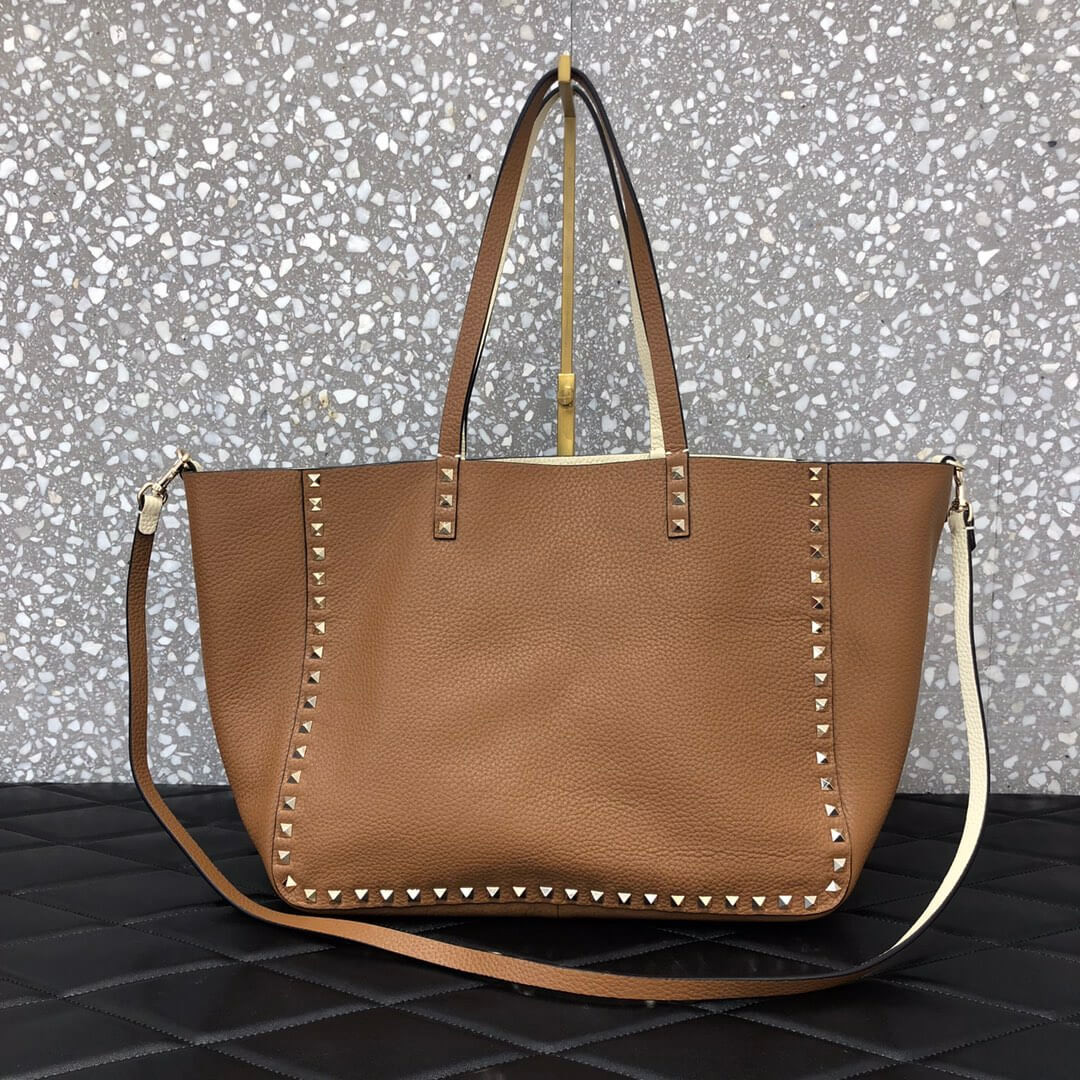 Valentino Garavani Medium Double Rockstud Reversible Tote Bag 0067J  Brown/White