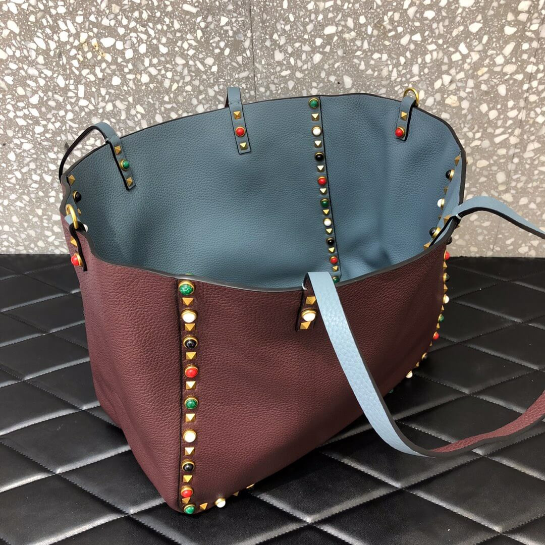 Valentino Garavani Medium Double Rockstud Reversible Tote Bag 0067G Blue/Burgundy