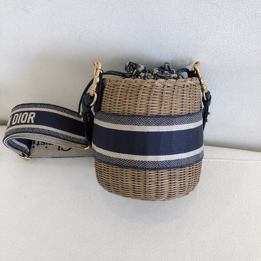Christian Dior Wicker Basket Shoulder Bag Blue Oblique M7600