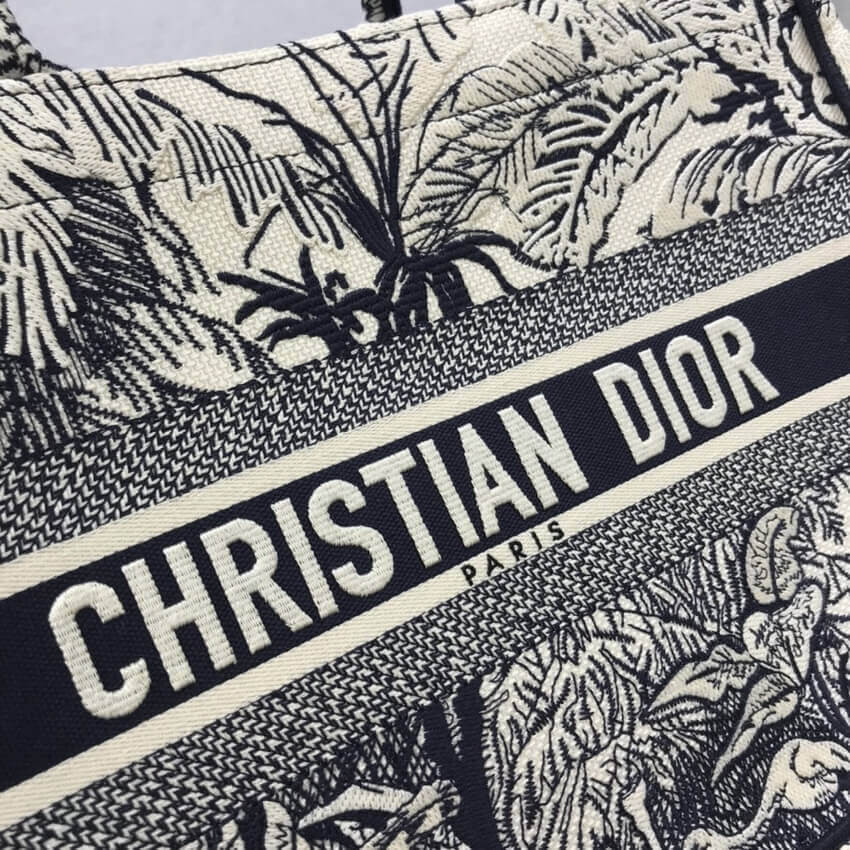 Dior Small Book Tote Blue Toile de Jouy Palms Embroidery M1296
