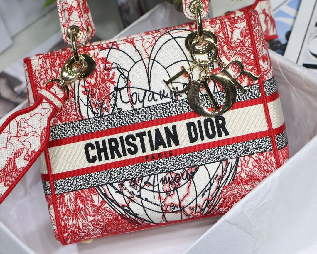 Christian Dior Medium Lady D-Lite Bag Red and White D-Royaume d'Amour Embroidery M0565