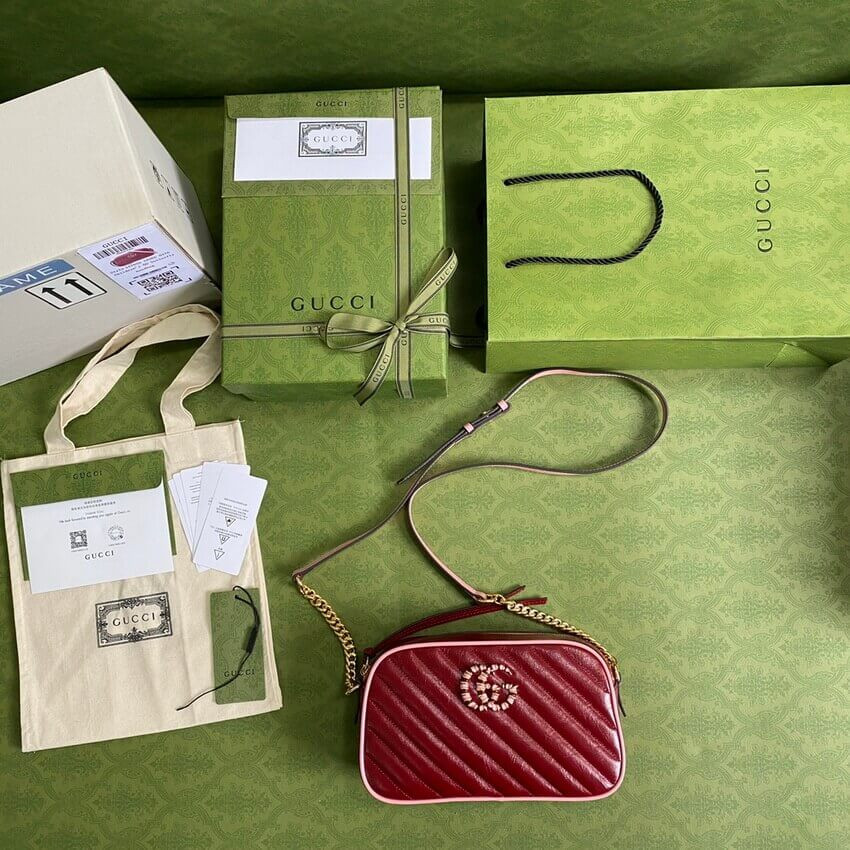 Gucci GG Marmont Small Shoulder Bag 447632 Red and Emerald Leather