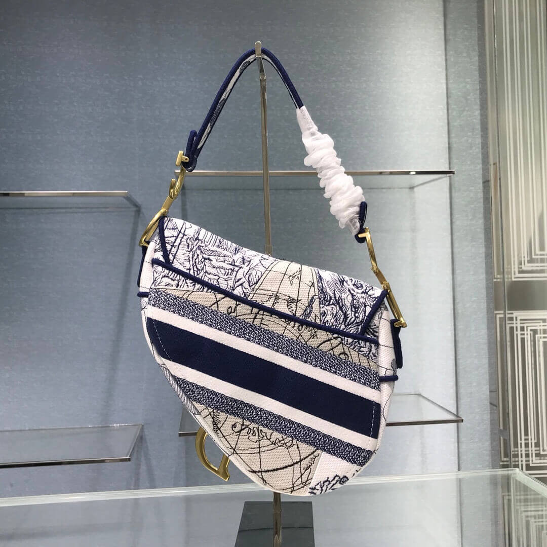 Christian Dior Saddle Bag in Blue Camouflage Embroidery M0446