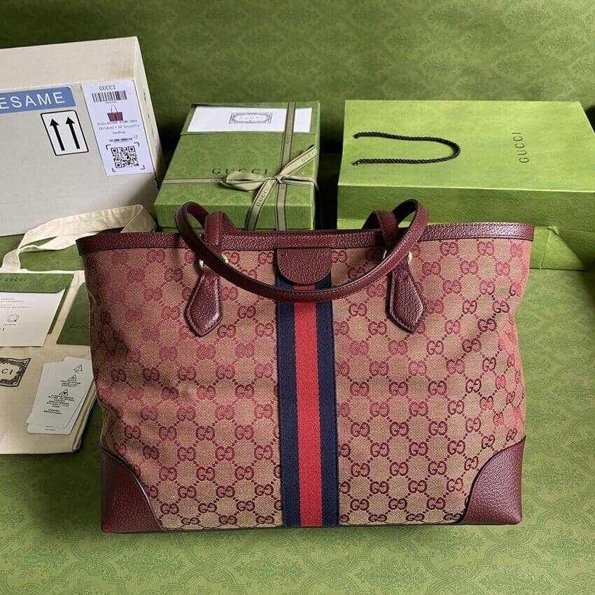 Gucci Ophidia Medium Tote With Web in Burgundy GG Canvas 631685