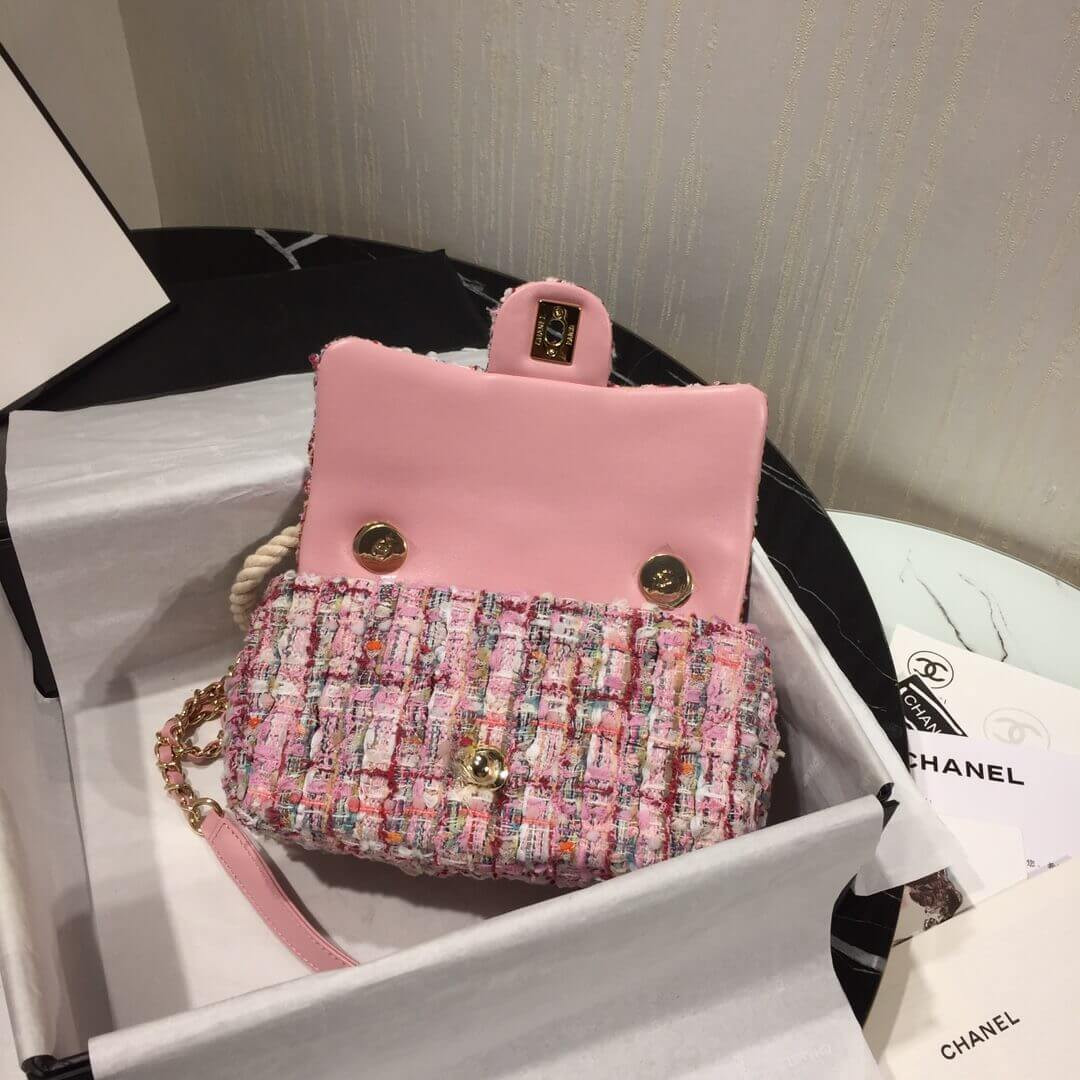 Chanel Tweed Flap Bag With Large Pearl Handle AS0593