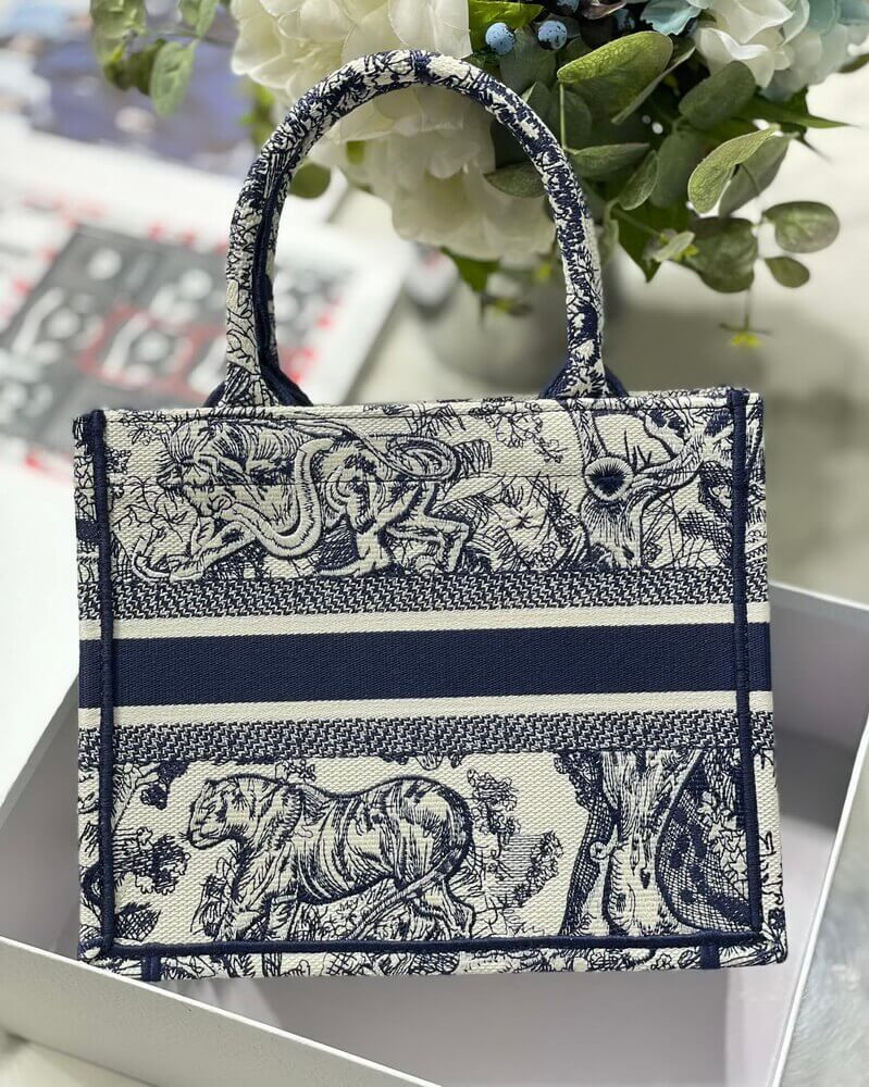 Christian Dior Small Book Tote Bag 26cm Toile De Jouy Reverse Embroidery Blue