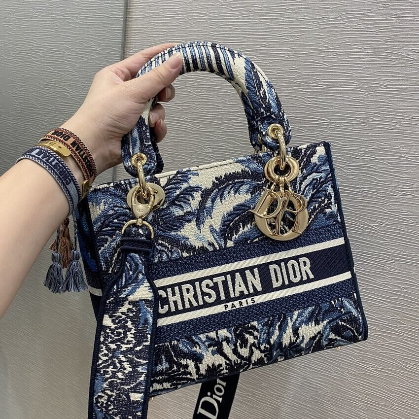 Dior Medium Lady D-Lite Bag Blue Dior Palms Embroidery M0565