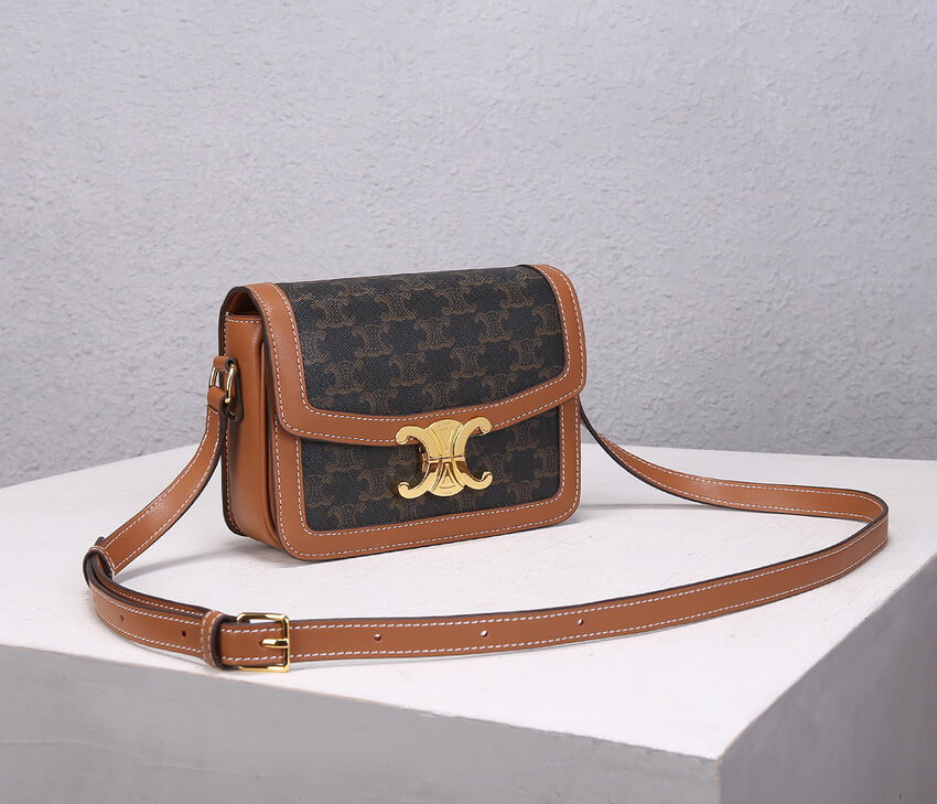 Celine Teen Triomphe Bag in Triomphe Canvas and Calfskin 188882 Tan