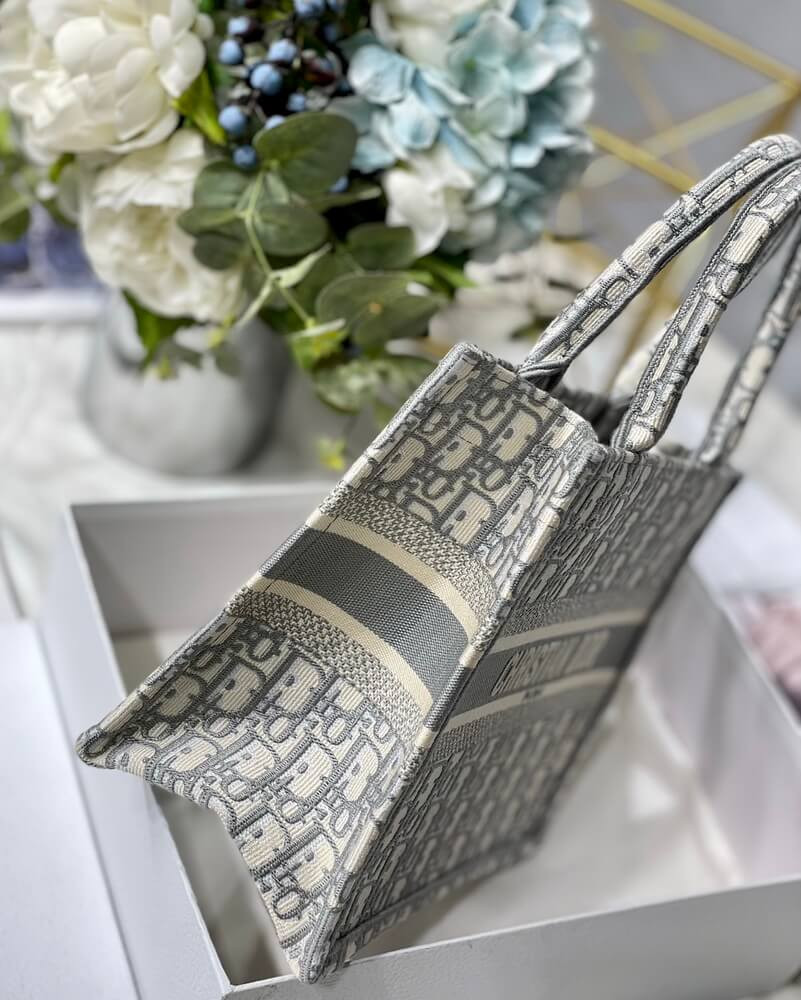 Christian Dior Small Book Tote Bag 26cm Oblique Embroidery Gray