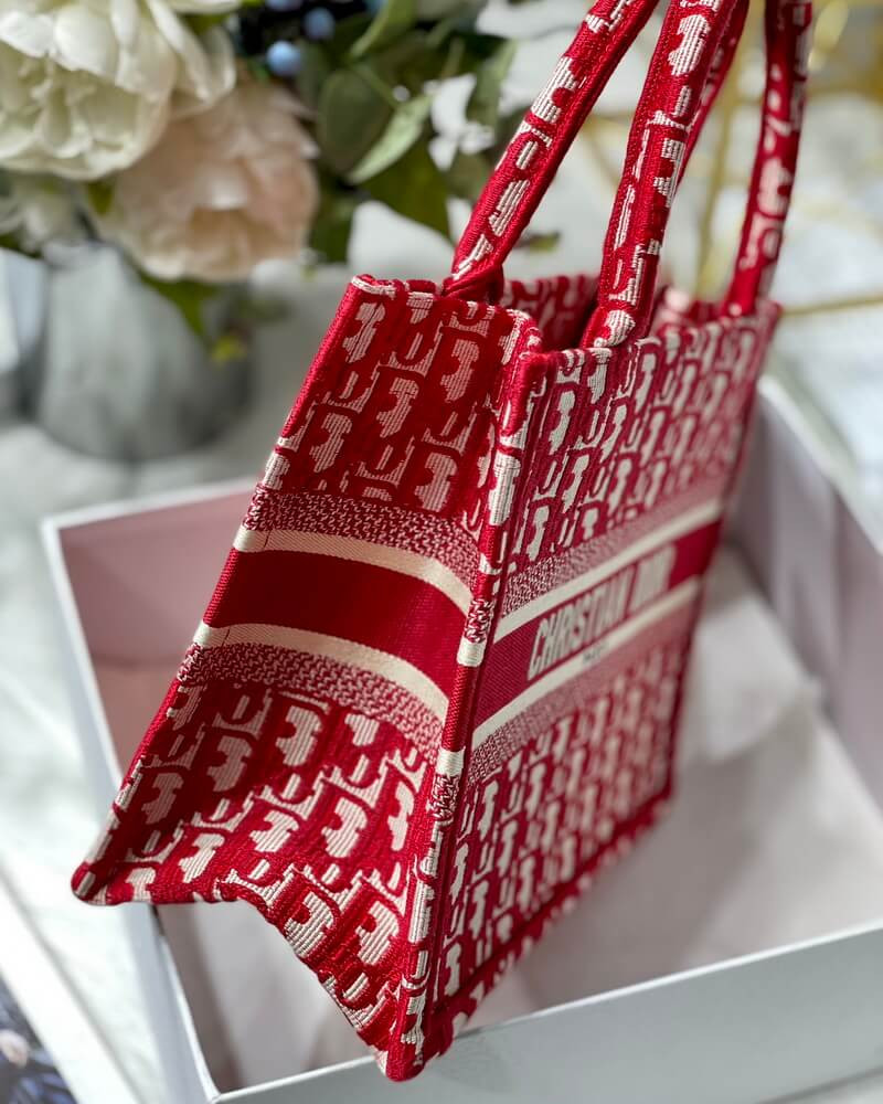 Christian Dior Small Book Tote Bag 26cm Oblique Embroidery Red