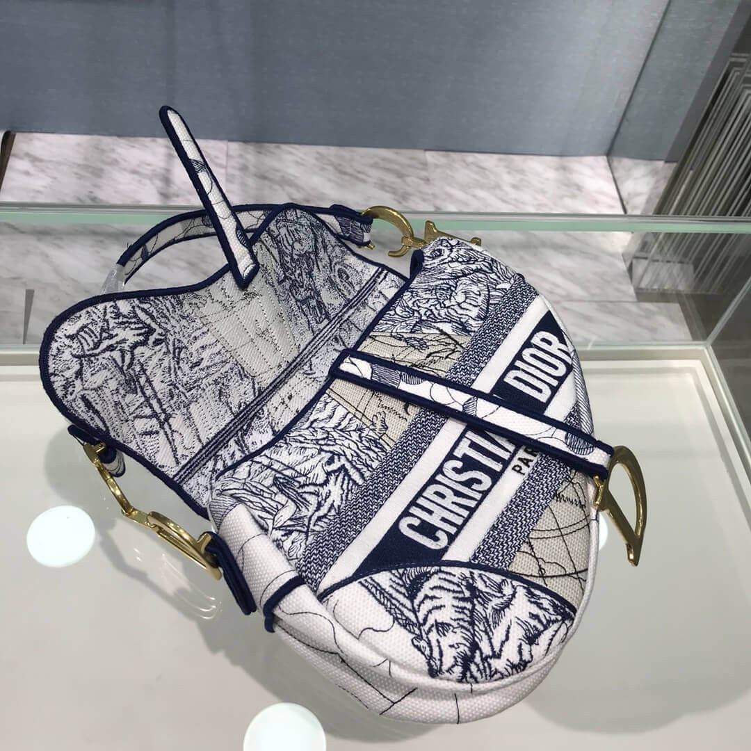 Christian Dior Saddle Bag in Blue Camouflage Embroidery M0446