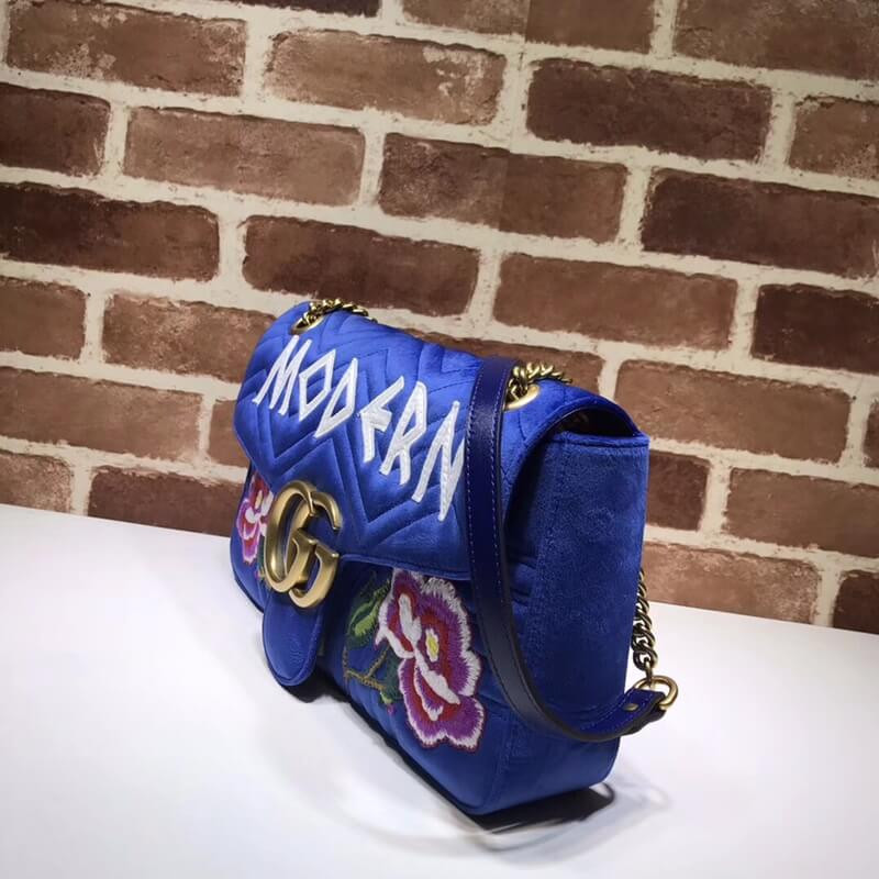 Gucci GG Marmont Embroidered Modern And Rose Velvet Chevron Shoulder Bag 443496