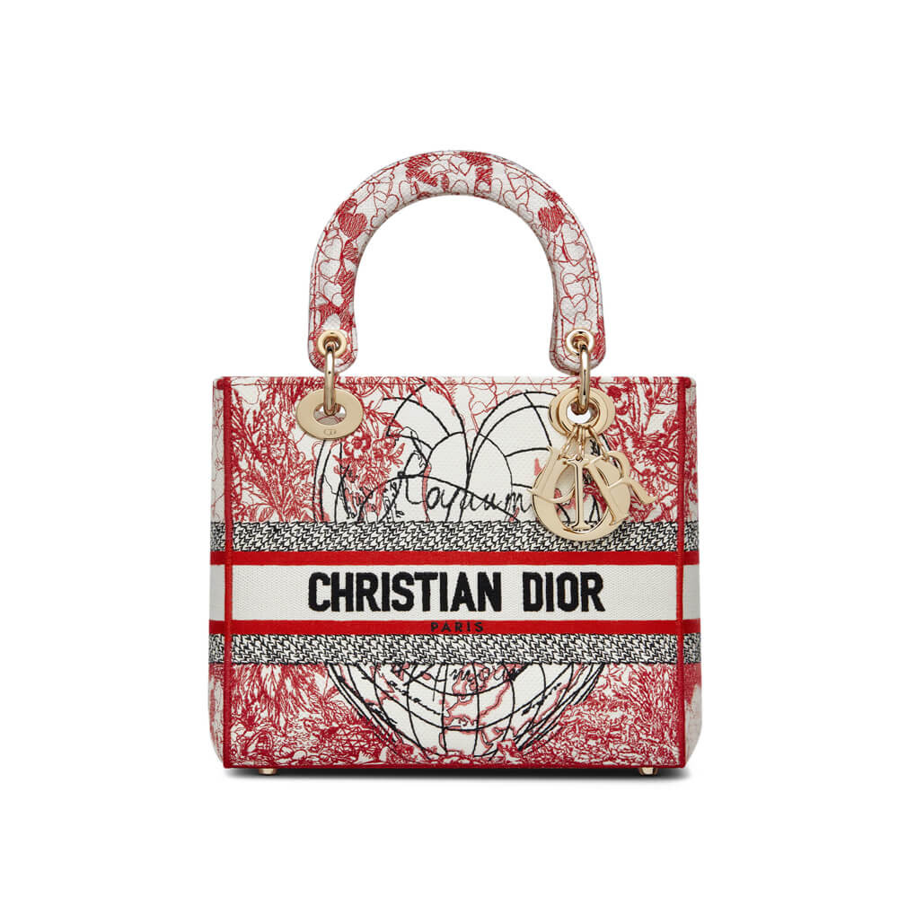 Christian Dior Medium Lady D-Lite Bag Red and White D-Royaume d'Amour Embroidery M0565