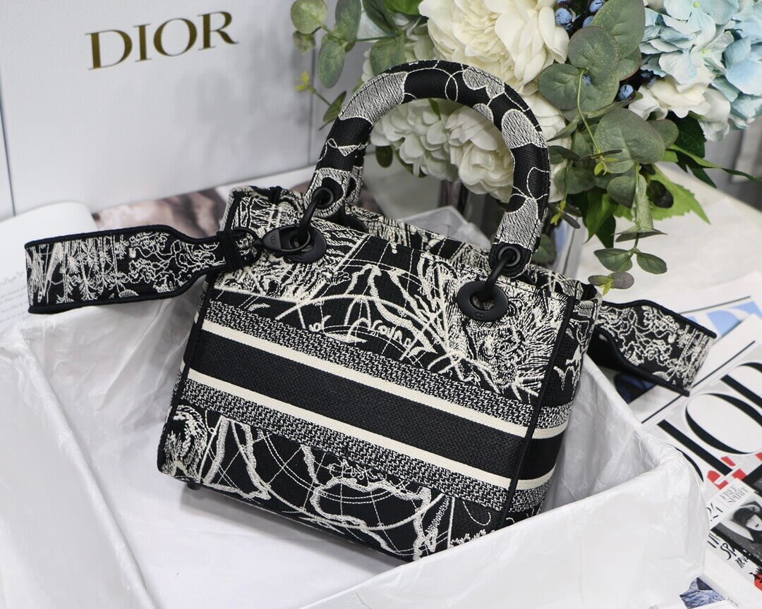 Christian Dior Medium Lady D-Lite Bag Black and White Around the World Embroidery M0565