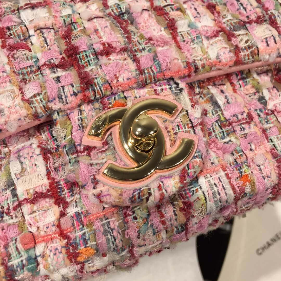 Chanel Tweed Flap Bag With Large Pearl Handle AS0593