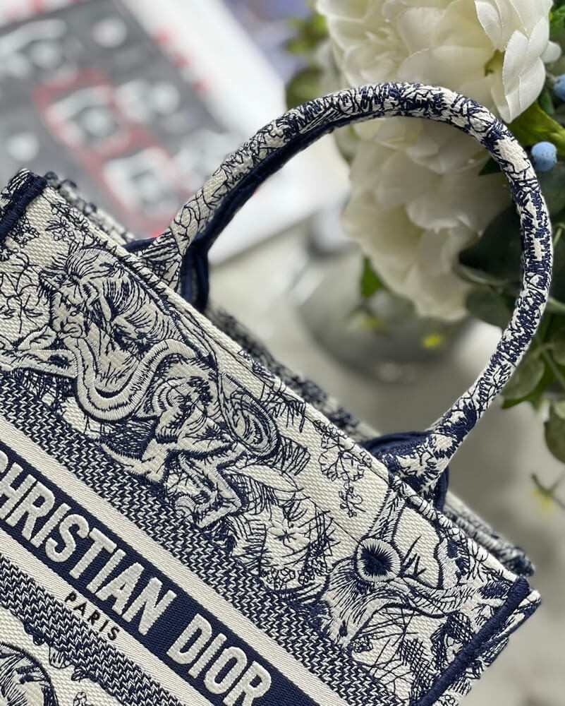 Christian Dior Small Book Tote Bag 26cm Toile De Jouy Reverse Embroidery Blue