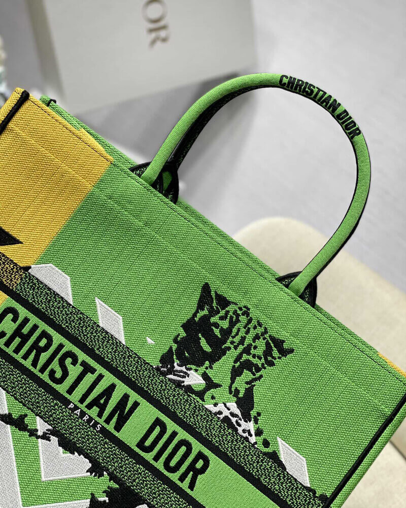 Christian Dior Large Book Tote Bright Green and Orange D-Jungle Pop Embroidery M1286